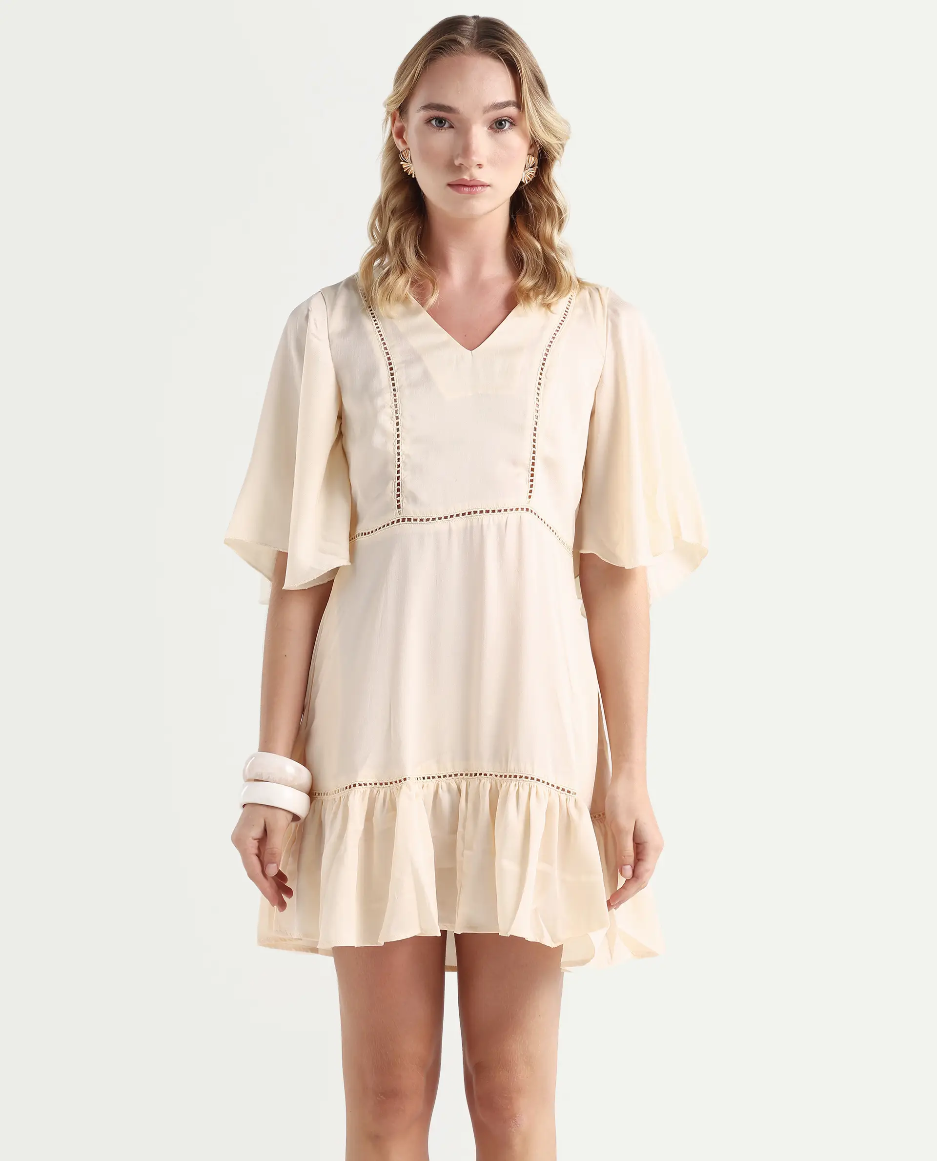 Rareism Women's Zyrus Off White Polyester V-Neck Plain Flared Sleeve Mini Regular Fit Dress - Image 3