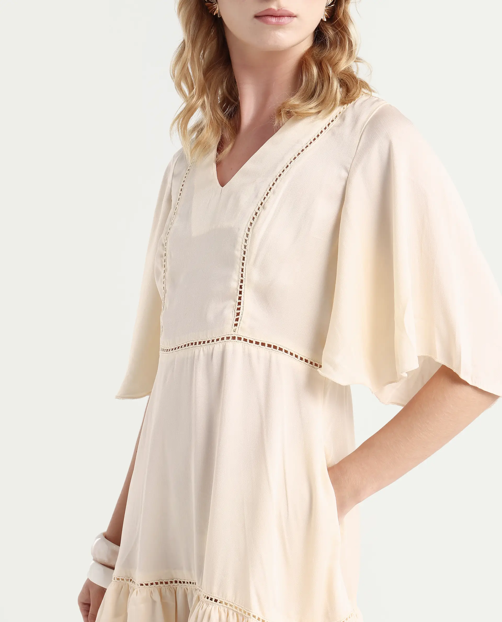 Rareism Women's Zyrus Off White Polyester V-Neck Plain Flared Sleeve Mini Regular Fit Dress - Image 4
