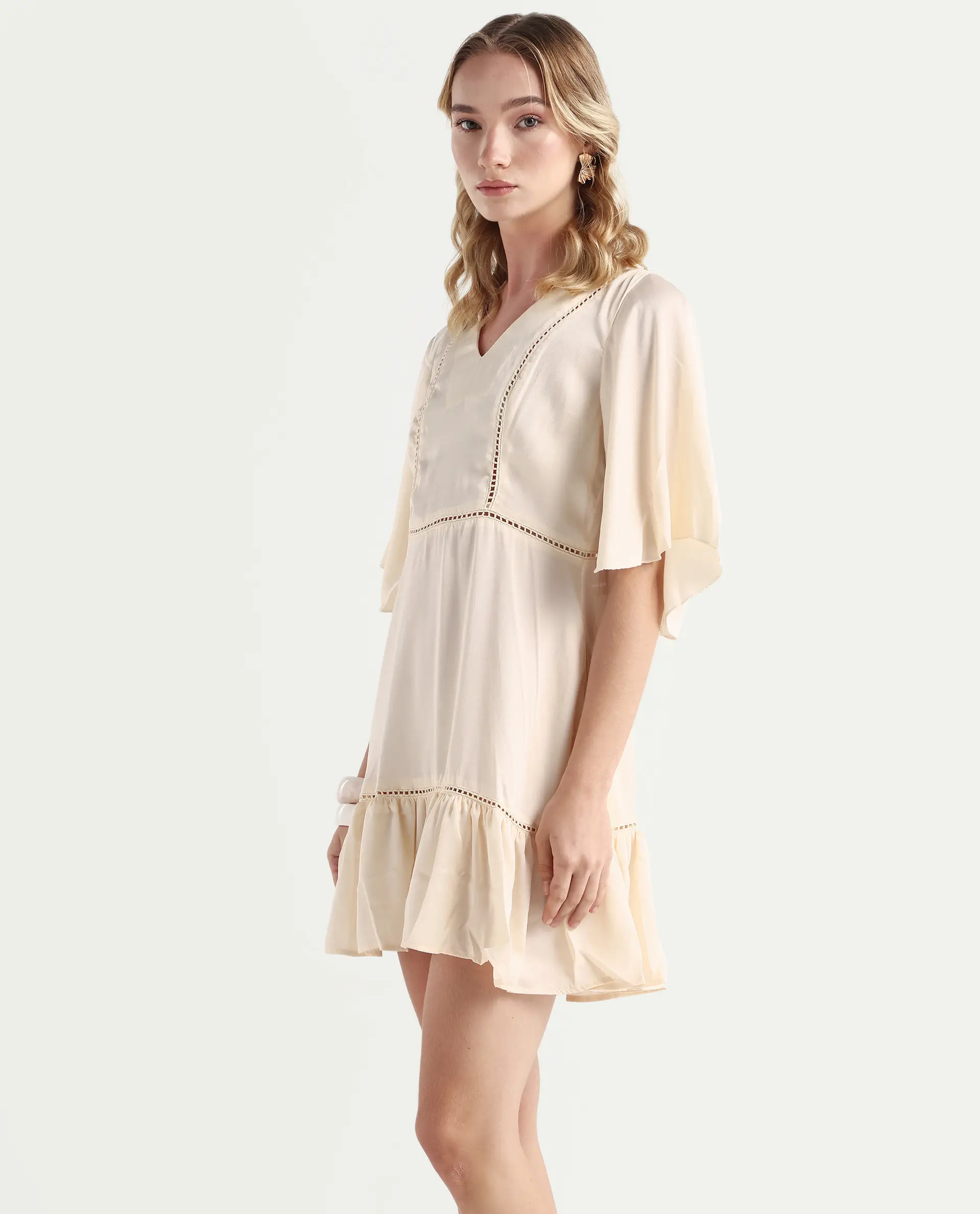 Rareism Women's Zyrus Off White Polyester V-Neck Plain Flared Sleeve Mini Regular Fit Dress - Image 5