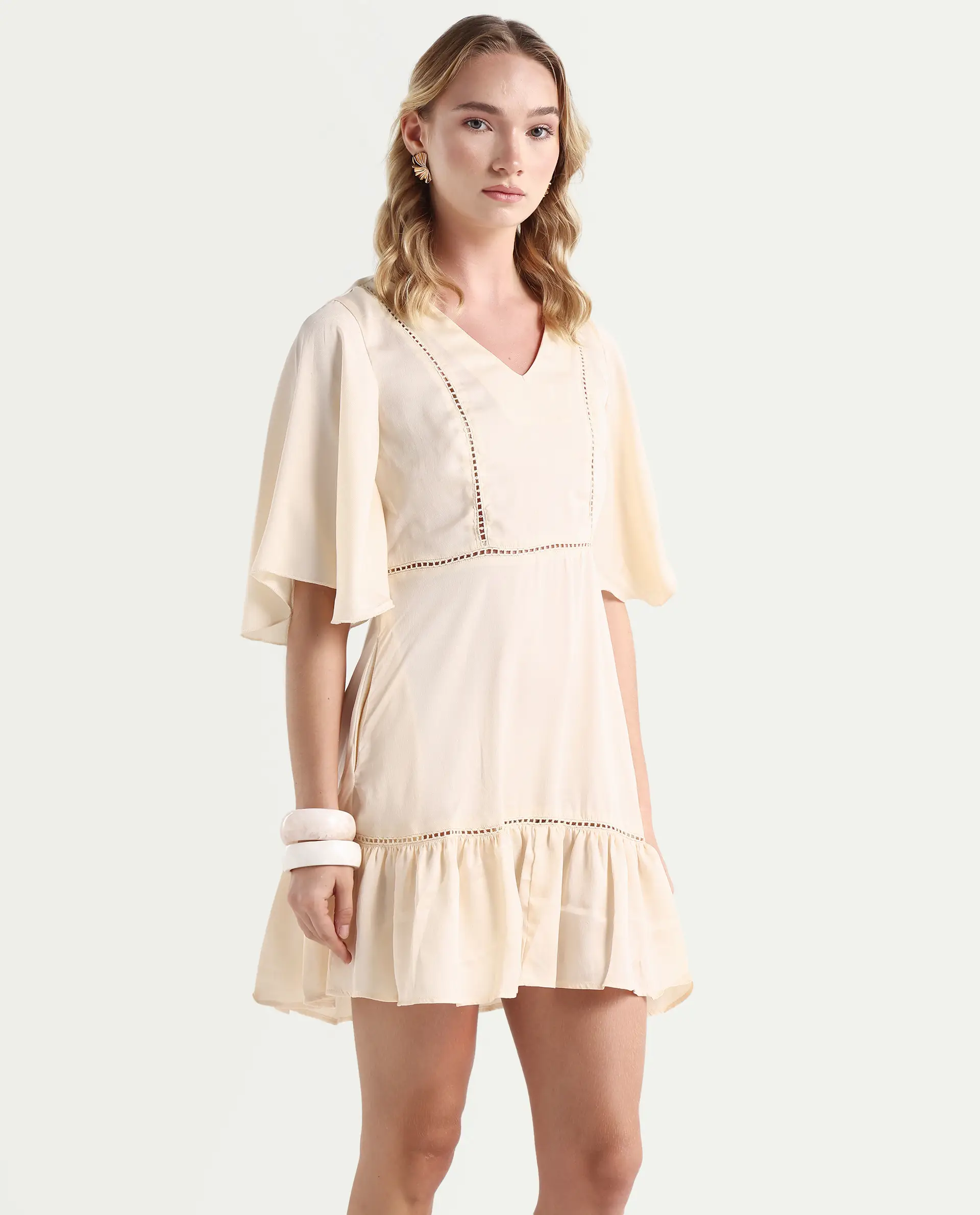 Rareism Women's Zyrus Off White Polyester V-Neck Plain Flared Sleeve Mini Regular Fit Dress - Image 6
