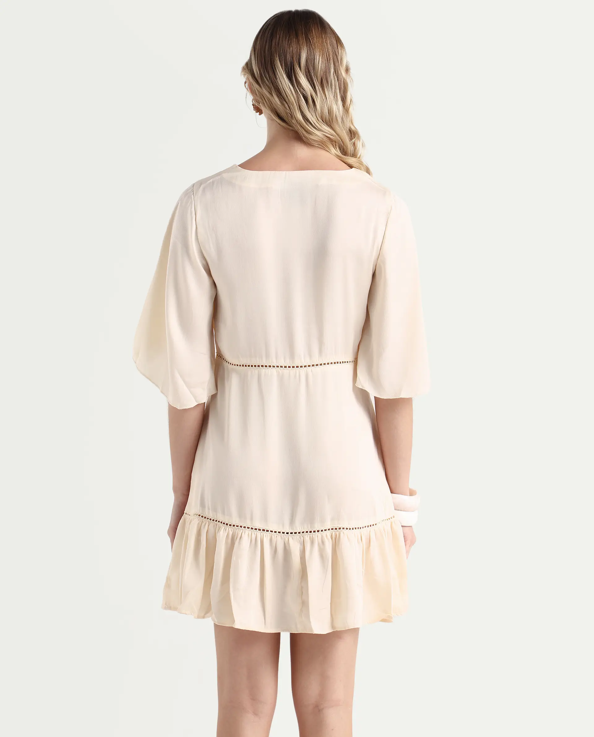 Rareism Women's Zyrus Off White Polyester V-Neck Plain Flared Sleeve Mini Regular Fit Dress - Image 7