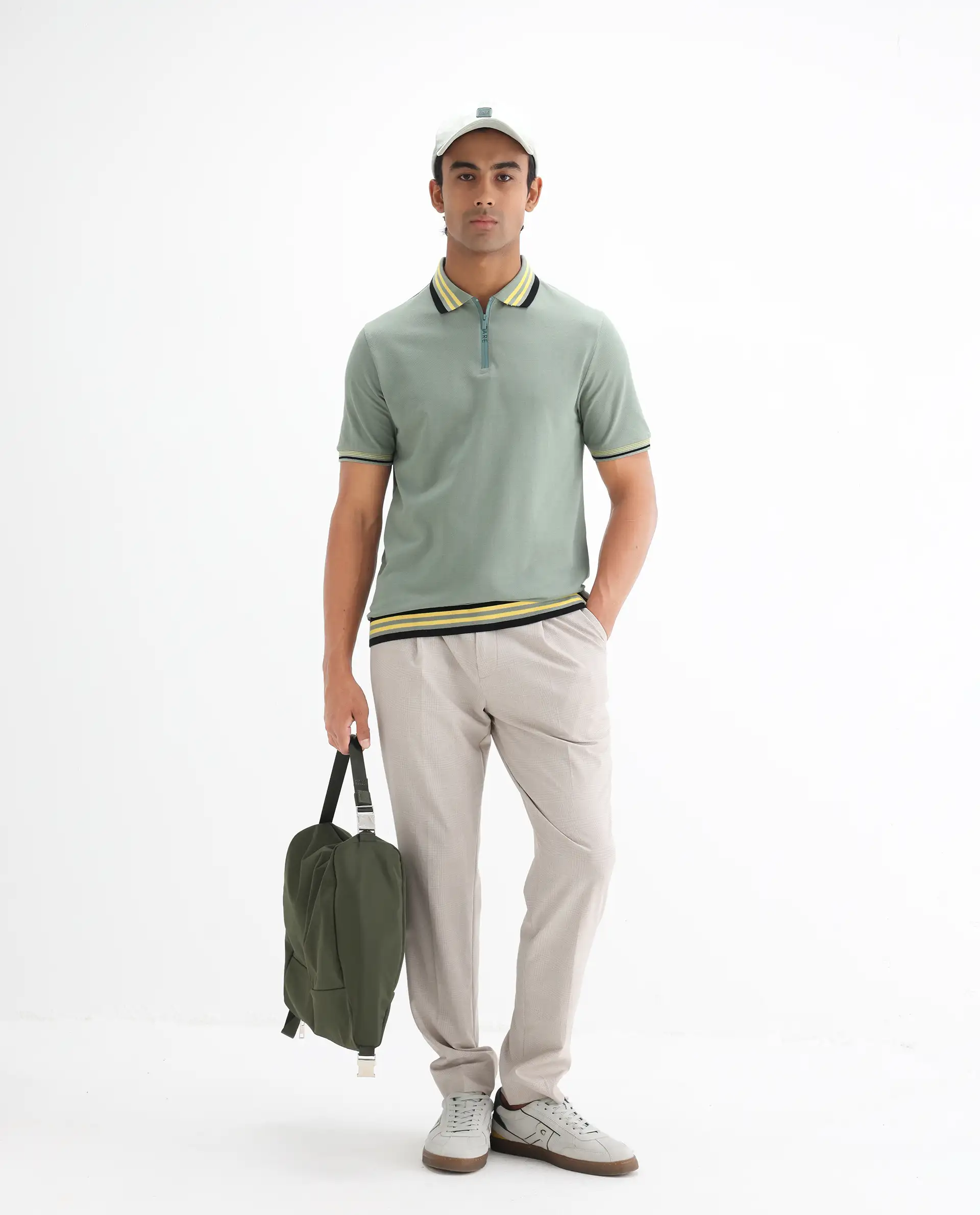 Rare Rabbit Men's Zyte Dusky Green Cotton Plain Regular Fit Half Sleeve Polo - Image 2