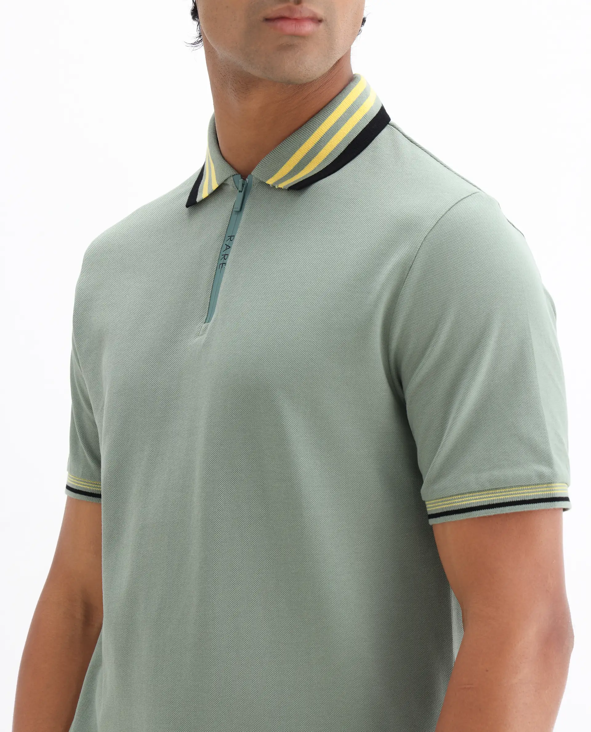 Rare Rabbit Men's Zyte Dusky Green Cotton Plain Regular Fit Half Sleeve Polo - Image 3