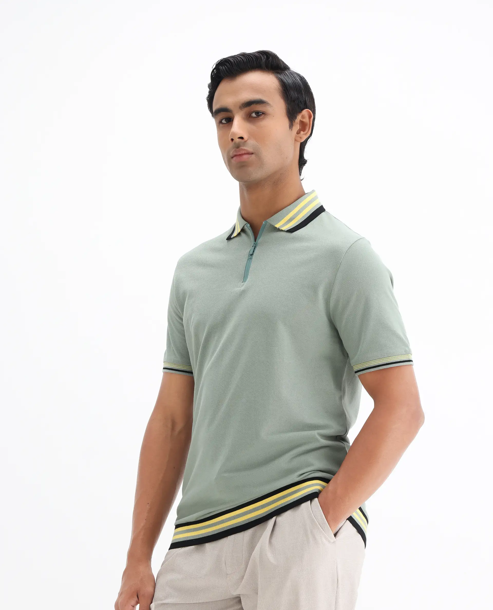 Rare Rabbit Men's Zyte Dusky Green Cotton Plain Regular Fit Half Sleeve Polo - Image 4