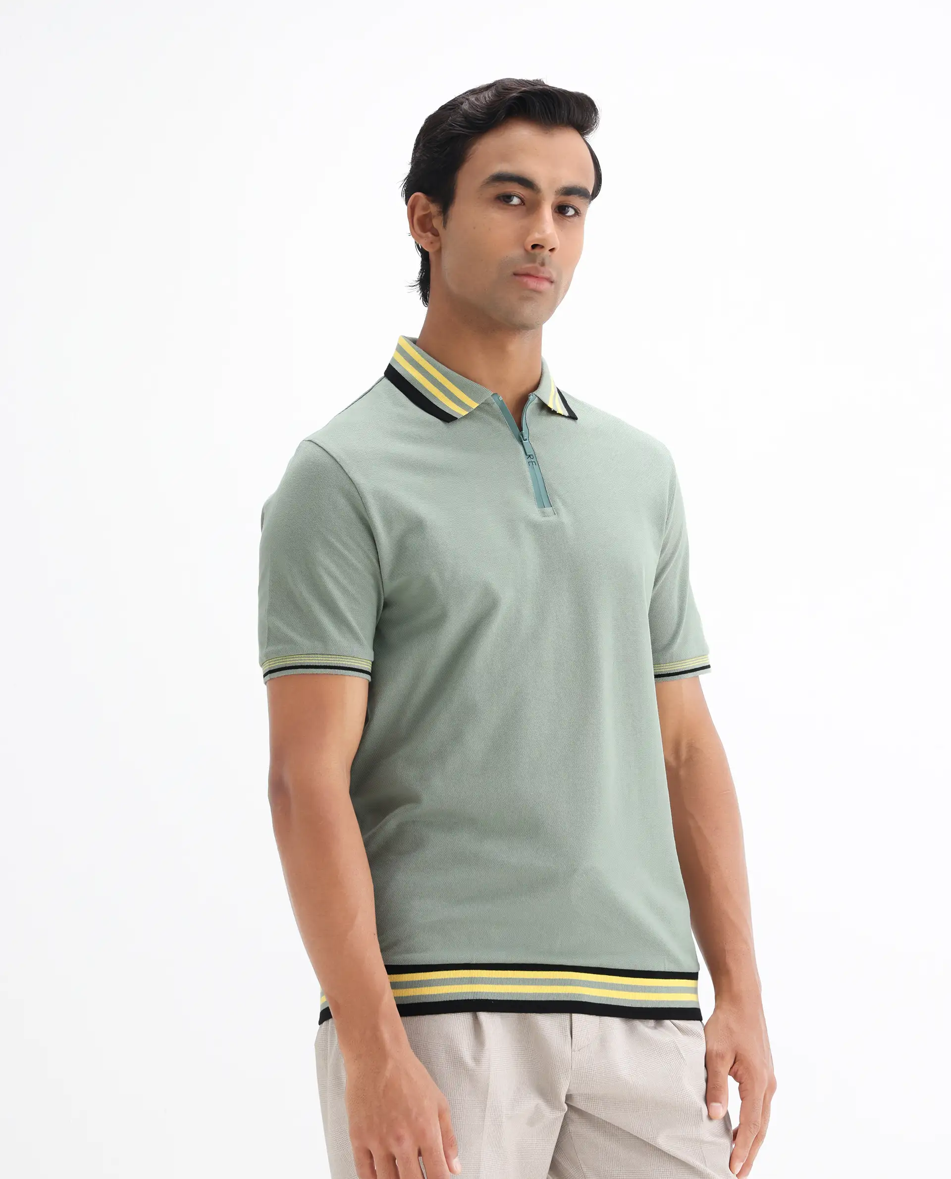 Rare Rabbit Men's Zyte Dusky Green Cotton Plain Regular Fit Half Sleeve Polo - Image 5