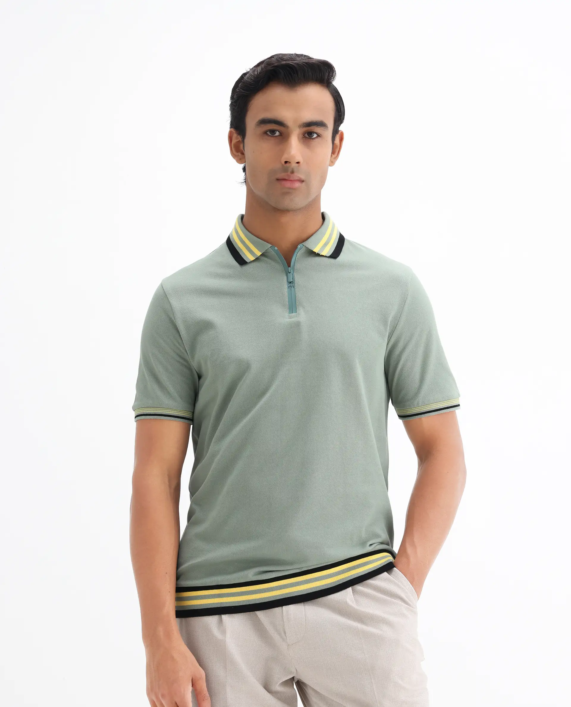 Rare Rabbit Men's Zyte Dusky Green Cotton Plain Regular Fit Half Sleeve Polo - Image 7