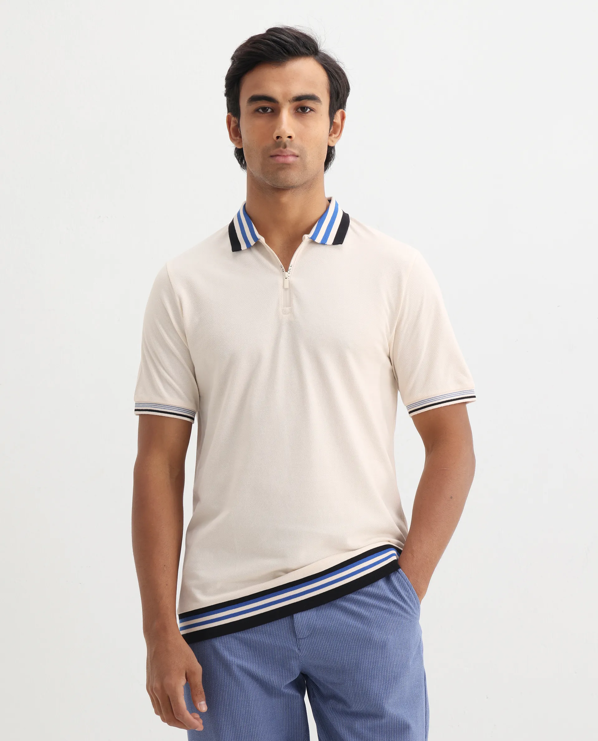 Rare Rabbit Men's Zyte Off White Cotton Plain Regular Fit Half Sleeve Polo - Image 3