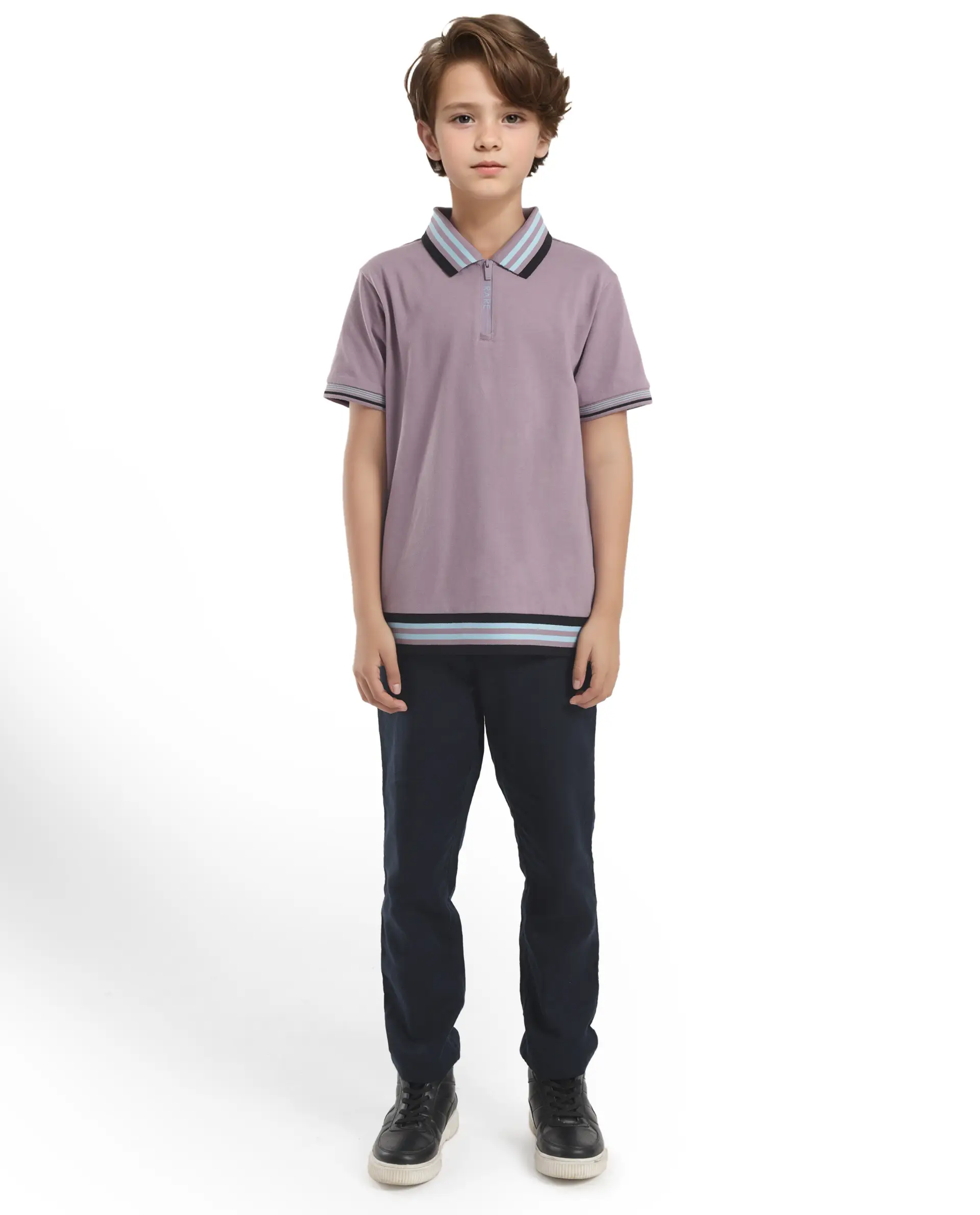 Rare Ones Kids Zyto Purple Cotton Half Sleeves Contrasting Regular Collar Zipper Closure Solid Polo - Image 2