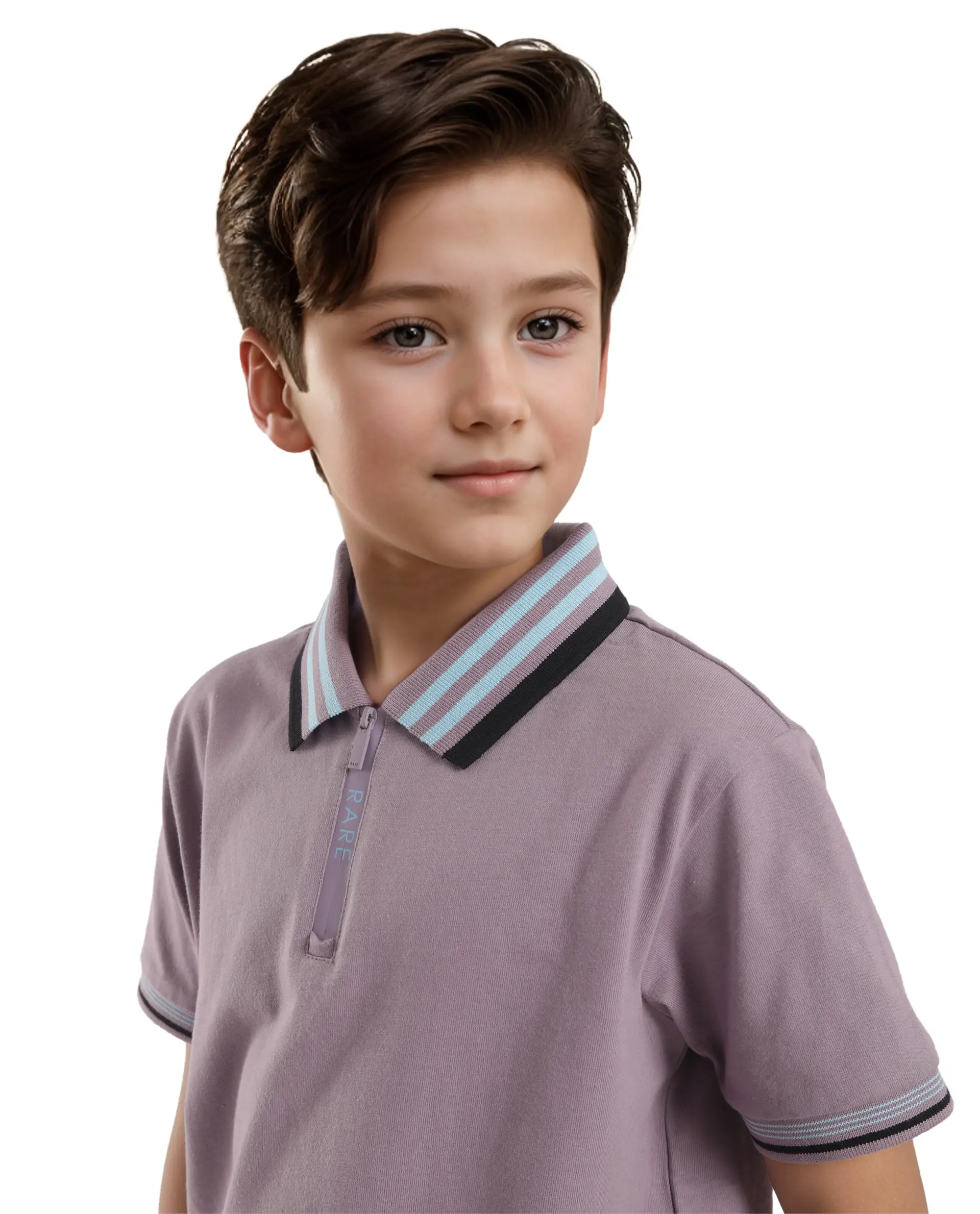 Rare Ones Kids Zyto Purple Cotton Half Sleeves Contrasting Regular Collar Zipper Closure Solid Polo - Image 3