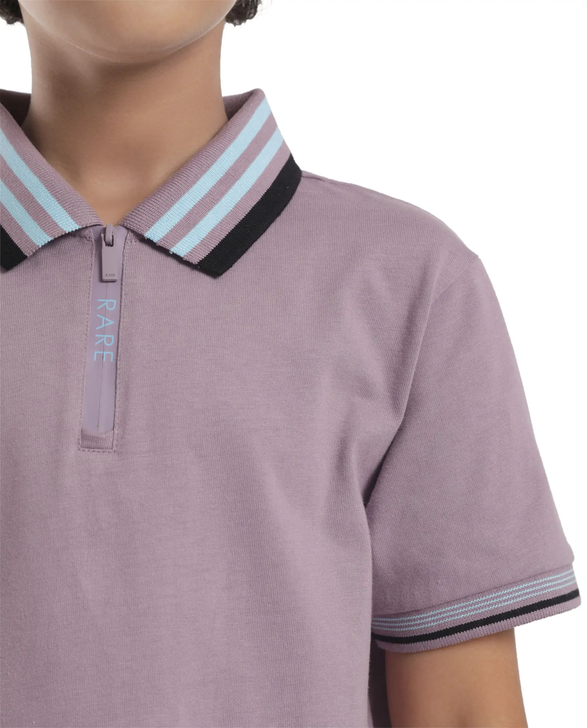 Rare Ones Kids Zyto Purple Cotton Half Sleeves Contrasting Regular Collar Zipper Closure Solid Polo - Image 4