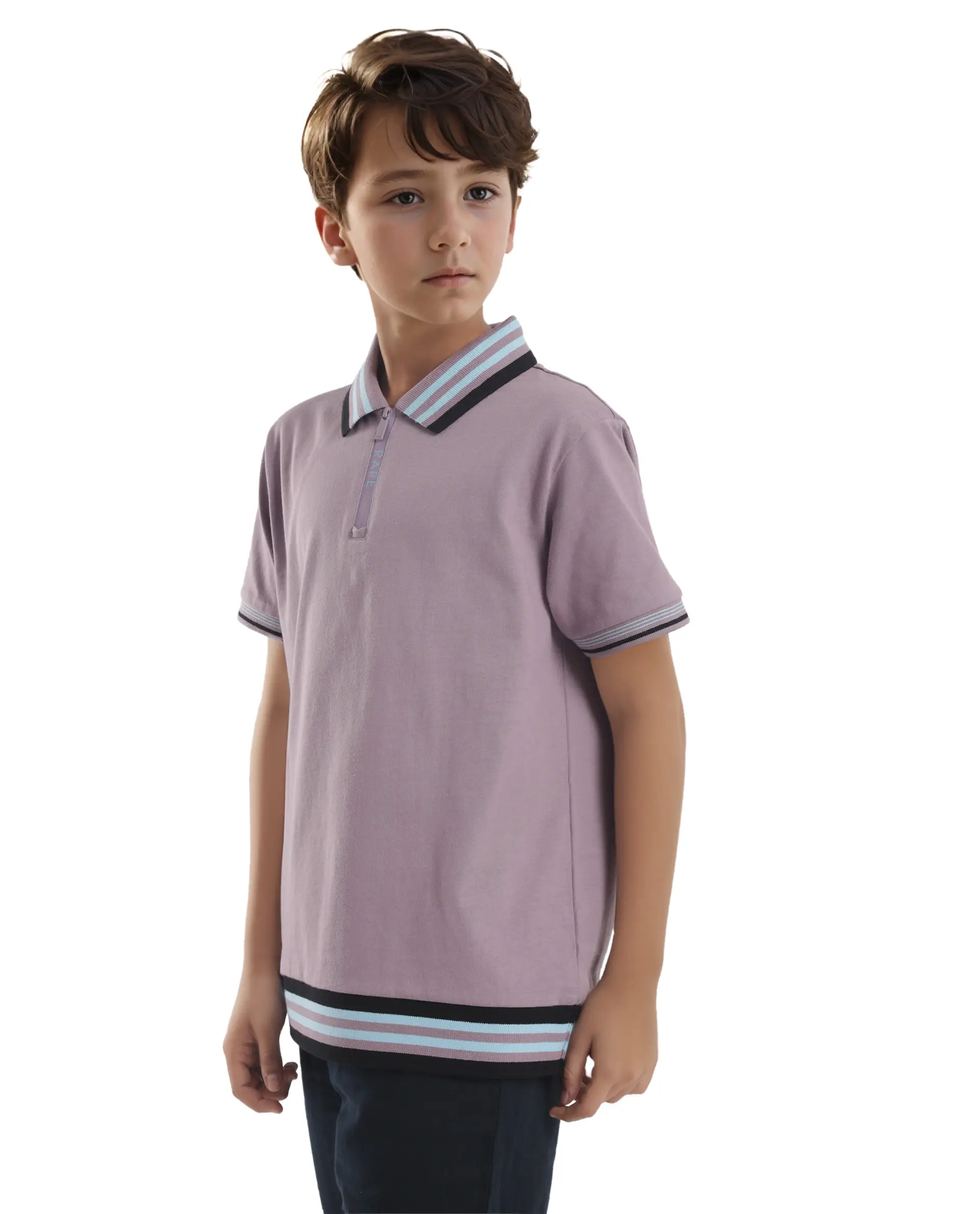 Rare Ones Kids Zyto Purple Cotton Half Sleeves Contrasting Regular Collar Zipper Closure Solid Polo - Image 6