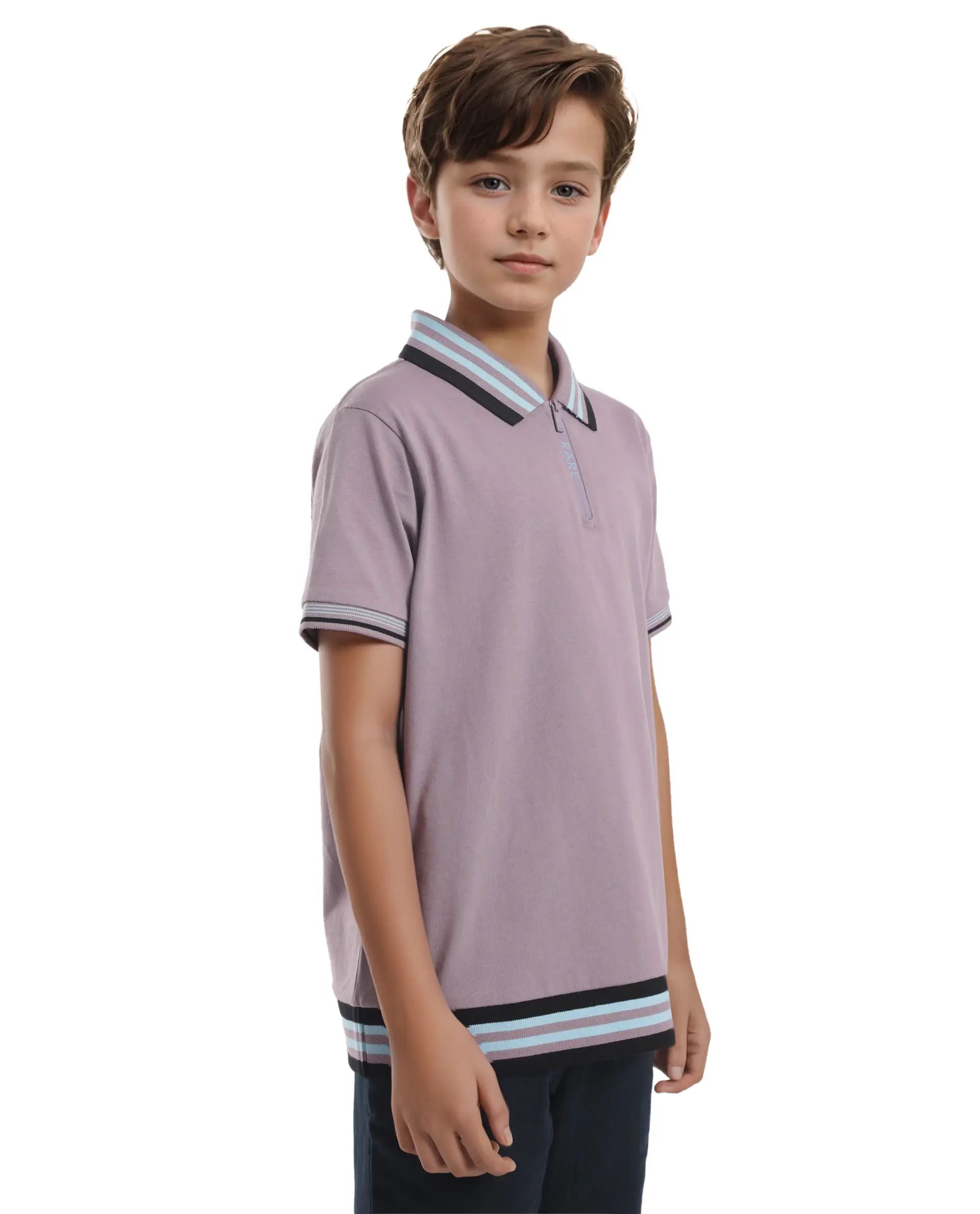 Rare Ones Kids Zyto Purple Cotton Half Sleeves Contrasting Regular Collar Zipper Closure Solid Polo - Image 7
